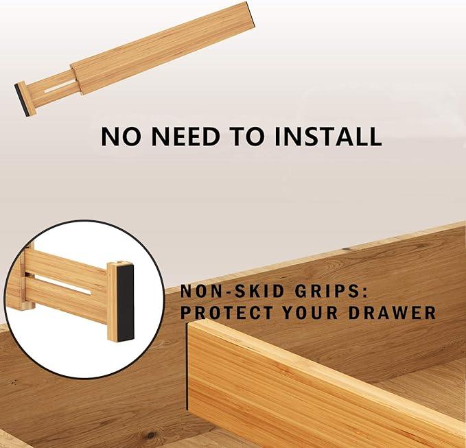 BAMEOS Drawer Dividers kitchen Organization Bamboo Utensil Organizers for Kitchen Bedroom Bathroom Dresser Office 4-pack