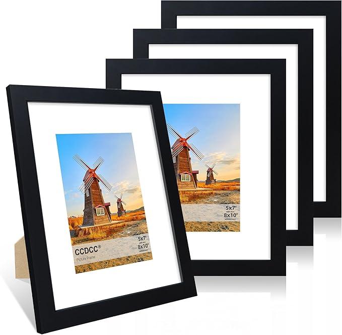 8x10 Picture Frame Set of 4, 8 x 10 Wood Photo Frames with Mat for 5x7, Wooden Frame with Real Glass Cover for Wall and Tabletop Display,Black