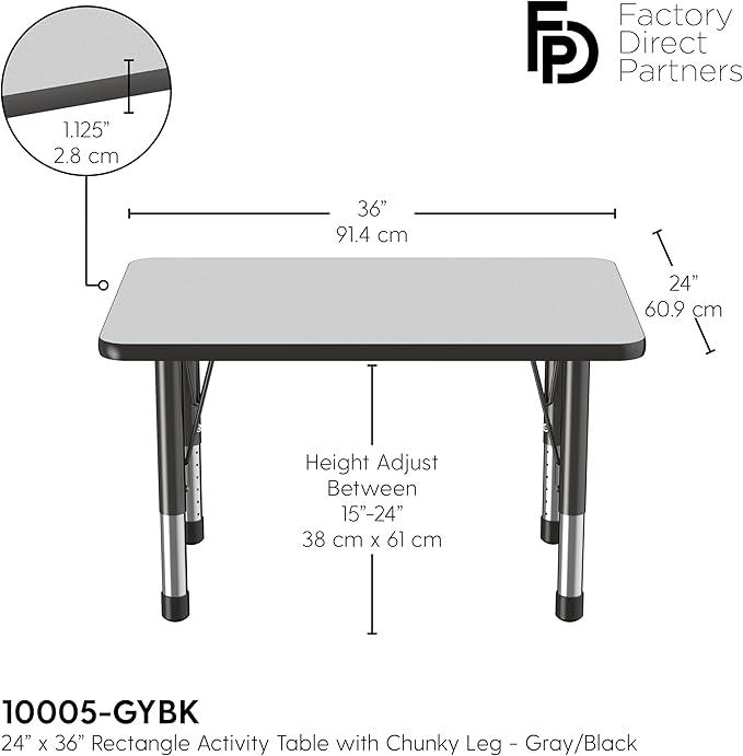 FDP Rectangle Activity School and Classroom Kids Table (24 x 36 inch), Chunky Toddler Leg, Adjustable Height 15-24 inches - Gray Top and Black Edge