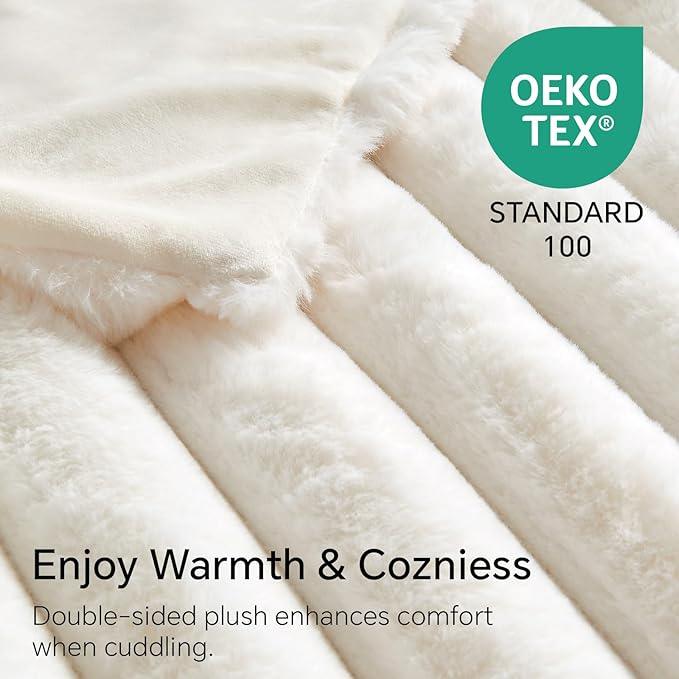 BEDELITE Faux Fur Throw Blanket for Couch, Soft and Cozy Luxurious 3D Striped Fluffy Blanket, 770GSM Thick Warm Plush Fuzzy Faux Rabbit Fur Blanket for Women Gift (Cream, 60