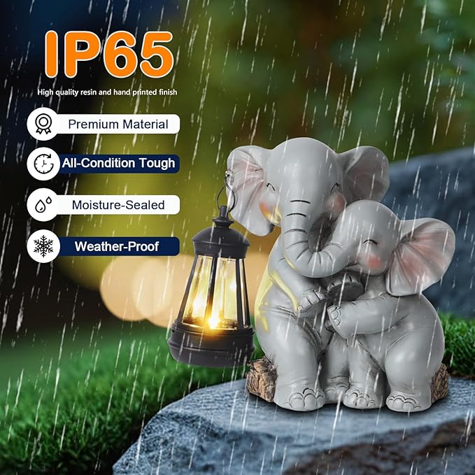 Solar Garden Decor - Mother Baby Elephant Statue with Solar Lantern 7