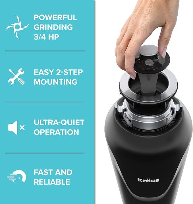 KRAUS WasteGuard 3/4 HP Ultra-Quiet Garbage Disposal with Quick Connect, Kitchen Sink Drain Cover, Power Cord and Flange Included, KWD100-75MBL