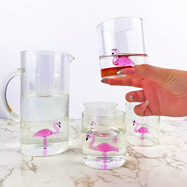 The Wine Savant Flamingo Pitcher & 4 Glasses Set Decanter with 4 Pink Flamingo Glasses 9oz Elegant Glass Set, Great for Water Iced Tea, Sangria, Lemonade, and More! 1300ml 9