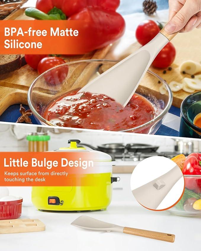 Multifunction Spatula Spoon for Nonstick Cookwares, Great for Cooking and Serving, Sturdy BPA-Free Matte Silicone, Wood Handle Spatula for Mixing, Scoop, and Scrape, Khaki(2 pack,11.4