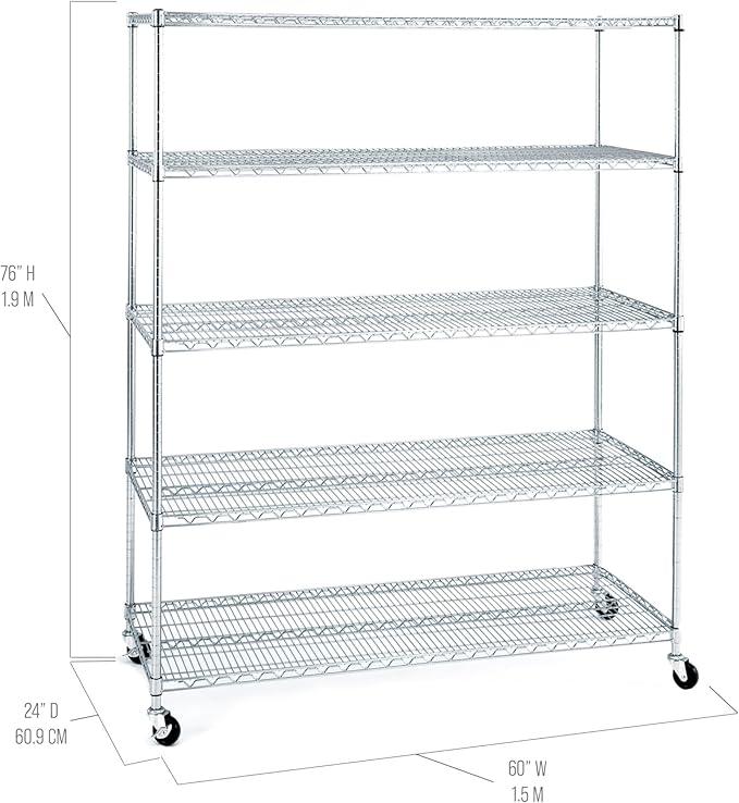 Seville Classics UltraDurable Heavy Duty NSF Solid Steel Wire Rack Storage Unit Wheels, 5-Tier Shelving, 60