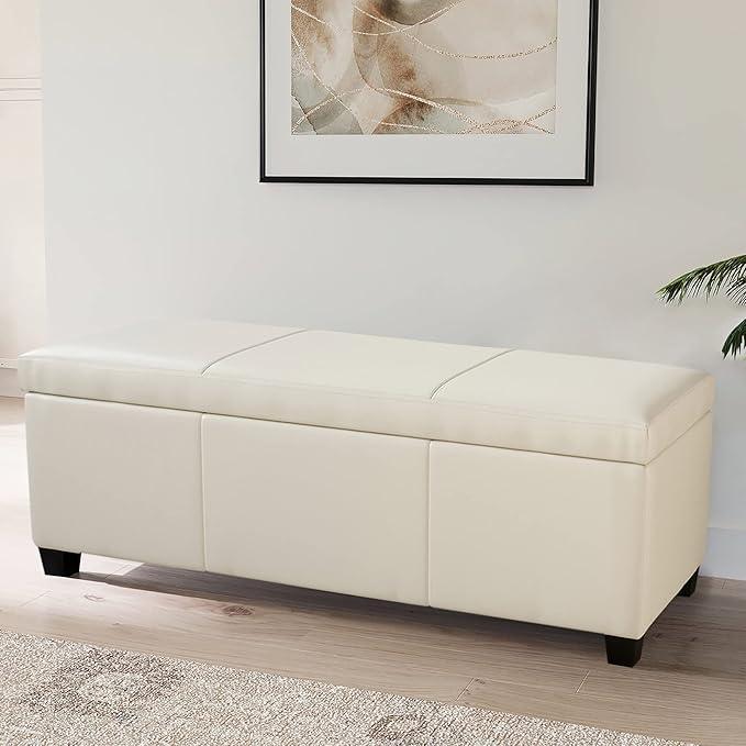 BELLEZE 47 Inch Storage Ottoman, Faux Leather Storage Bench Bedroom Bench with Safety Close Hinge, Ottoman with Storage for Living Room, Entryway, Hallway, Foot Rest, Support 300lbs - Cream