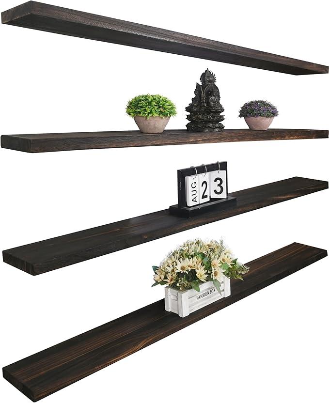 Wood Floating Shelves for Wall Decor, Rustic Wall Shelves for Bedroom Bathroom Kitchen Living Room, Set of 4 Walnut 48 Inch