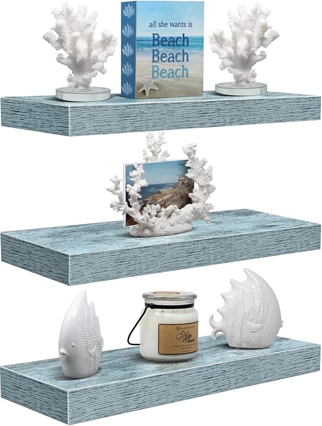 Sorbus Floating Shelves - 3 Pack 16 Inch Rustic Blue Wall Shelves for Bedroom, Kitchen, Living Room, Bathroom Shelves, Home Decor, Office - Floating Shelf for Trophies, Books, Frames, Toilet Paper