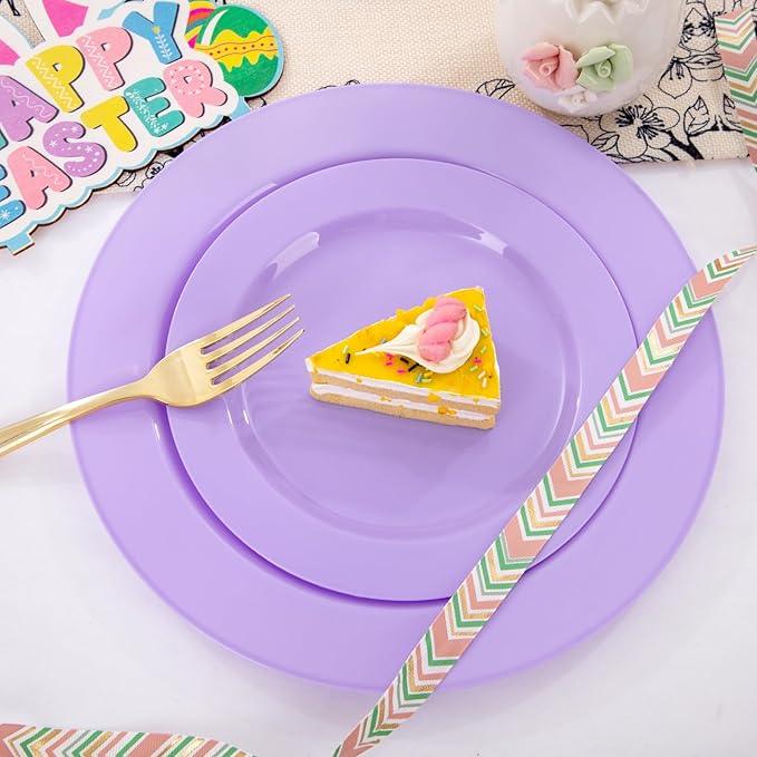 FLOWERCAT 60PCS Purple Plates - Heavy Duty Purple Plastic Plates Disposable for Easter Party/Wedding - Include 30PCS 10.25