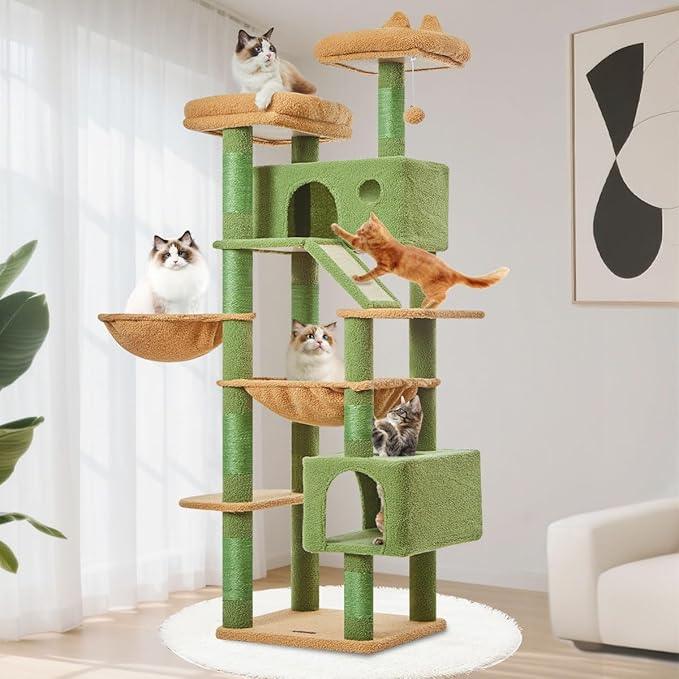Taoqimiao Cactus Cat Tree, 71-Inch Cat Tower for Indoor Cats Large Adult, Multi-Level Large Cat Condo, 8 Sisal Scratching Posts, Metal Frame Cozy Hammock, Scratch Board, 2 Top Perches, MSC026L