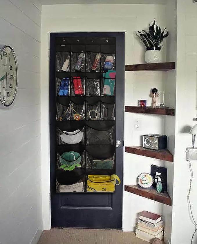 Extra Large Hanging Over Door Shoe Organizer, Closet Shoe Rack - 12+6 Crystal Pockets, 4 Hooks, Black (59