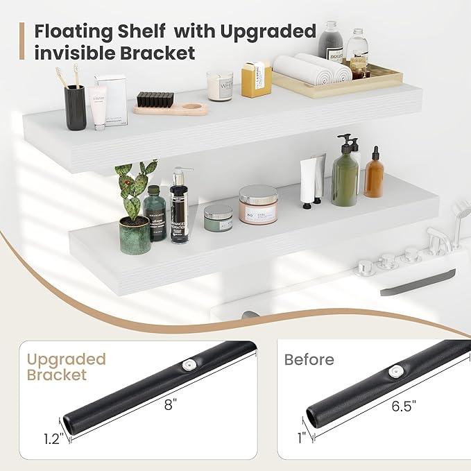 Heimlove 24 x 12 Inch Deep Floating Shelves Wall Mounted with Invisible Brackets,Storage Hanging Shelf for Wall Decor in Bathroom, Bedroom, Toilet, Kitchen, Living Room, Office Set of 2 (White)