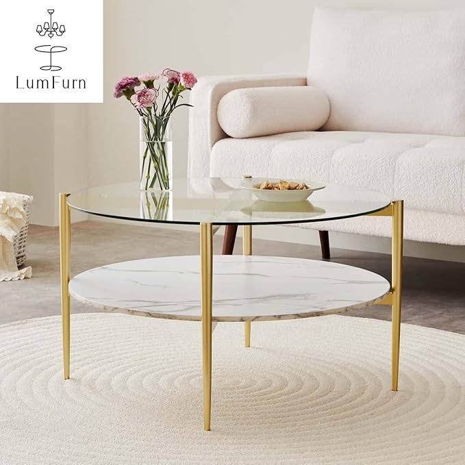 Round Coffee Table for Living Room, Mid-Century Modern Design, D30 x H17, 2-Tier Structure, Clear Glass Top and White Marble Finish Wood Shelf, Sleek Conical Metal Legs with Gold Finish Frame