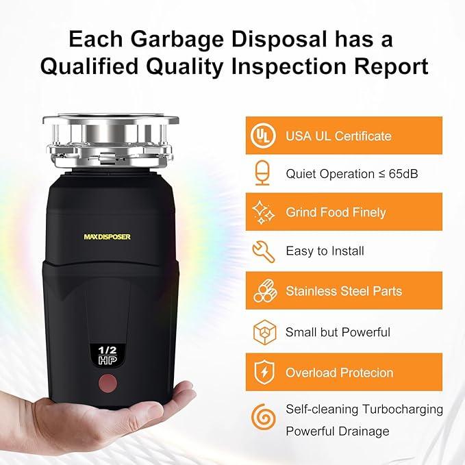 A400 Garbage Disposal 1/2 HP for Kitchen Sink, Small Fit Food Waste Disposer Fast Continuous Feed Stainless Steel Grinding, Quietness, Ease of Installation, Corded, Powerful Drainage Half Horsepower