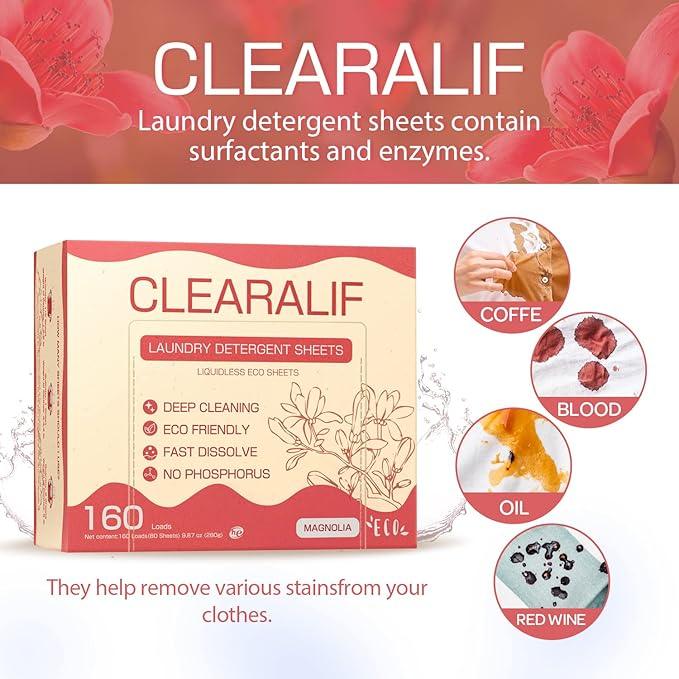 CLEARALIF Laundry Detergent Sheets Up to 160 Loads, Magnolia - Great For Travel,Apartments, Dorms,Laundry Detergent Strips Eco Friendly & Hypoallergenic - 3 PACK
