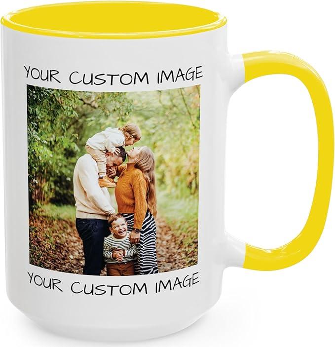 Personalized Coffee Mug – Custom Photo, Text, or Logo Ceramic Mug Tea Cup | Taza Personalizada with Picture or Message | Customized Gift Idea for Men & Women, Mom, Dad, Friends - White/Yellow | 15oz