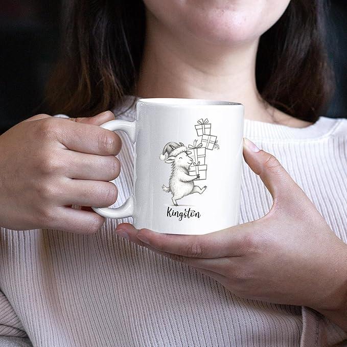 Goat Coffee Mug Gift, Personalized Name Goat Lover Ceramic Coffee Cup 11 Oz 15 Oz, Customized Goats Tea Mug Gift for Birthday/Christmas/Special Day/Holiday, Funny Animal Goats White Accent Cup