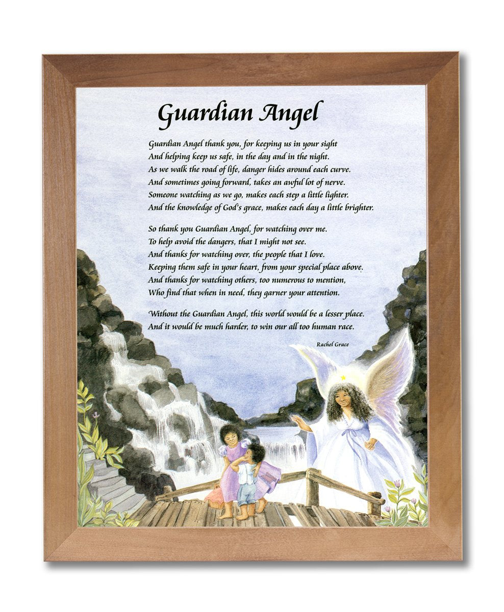 Guardian Angel Wall Art – African American Children Angel Picture in Honey Wood Frame