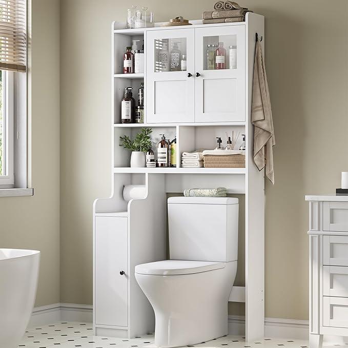 Itaar Over The Toilet Storage Cabinet, Over Toilet Bathroom Organizer with Glass Doors & Toilet Paper Holder Stand, Home Space-Saving Toilet Rack, for Bathroom, Restroom, Laundry(White)