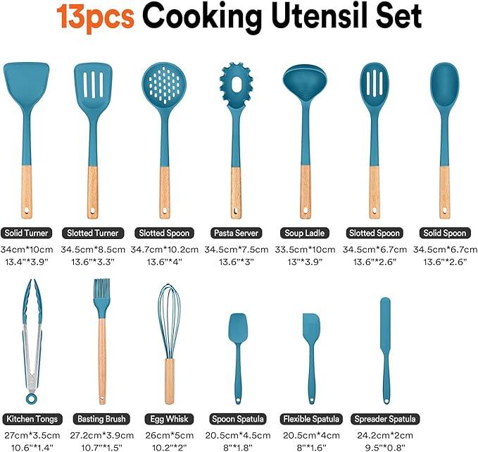 Kitchen Utensils Set, 13PCS Silicone Cooking Utensils, Heat Resistant Kitchen Utensil Spatula Set for Nonstick Cookware, Wooden Handles Kitchen Gadgets Tools Set (BLUE)