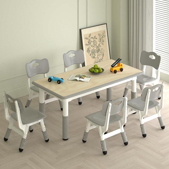 Kids Study Table and 6 Chairs Set,Height Adjustable Table and Chairs for Children and Toddlers,47.2
