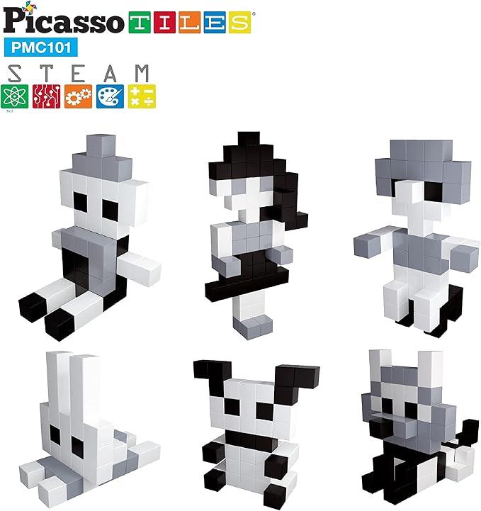 PicassoTiles 101pc Magnetic Puzzle Cube Set Black and White 1 Inch Construction Blocks STEM Educational Toy for Kids Age 3 Plus Sensory Learning Kit with Idea Book for Building and Creativity PMC101
