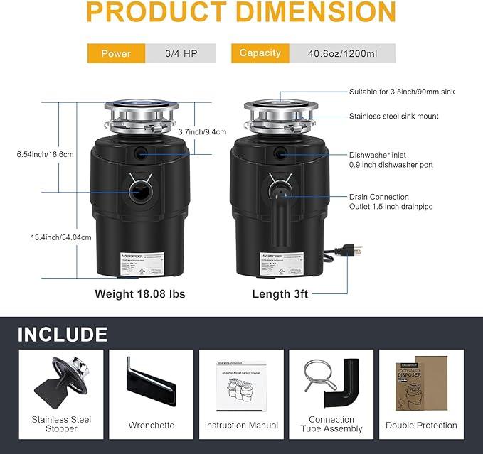 Garbage Disposal 3/4 HP Ultra Quiet powerful grinding Kitchen Food Waste Disposer with Power Cord Easy install, AC Motor Unit Continuous Feed Stainless Steel Grind 0.75 Horsepower (MAX-5)