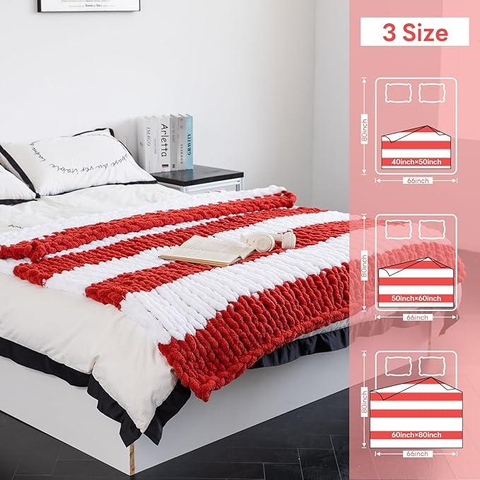 Chunky Knit Blanket - Luxury Soft Cozy 50 * 60 Throw Blanket,100% Woven Blanket Rope Knot Throw Blanket for Couch, Sofa, Home Decor, Gift - Machine Washable（White/Wine red）