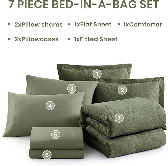 Monbix California King Comforter Set - 7 Pieces Cationic Dyeing Olive Green Bed in a Bag Cal King Bedding Sets with Comforter, Sheets, Pillowcases & Shams, Reversible Bedding Comforters Sets(108 * 92)