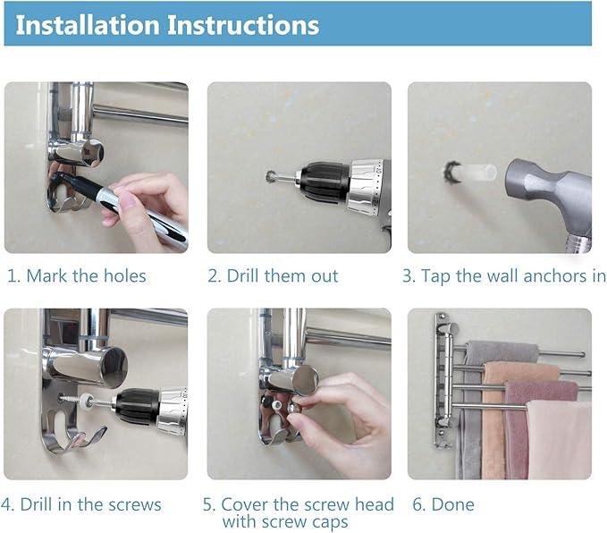 Bathroom Towel Rack JSVER 4 Arms Swivel Towel Holder, Towel Bar Wall Mounted, SUS304 Stainless Steel Space Saving Towel Rack, Towel Racks for Bathroom, Kitchen