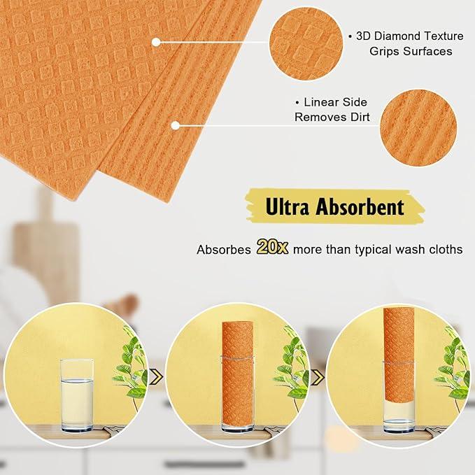 Swedish Dishcloths for Kitchen | 6 Pack Dish Towels Cellulose Sponge Cloths | Non-Scratch Reusable Paper Towels Washable | No Odor Fast Drying Swedish Cloths, Multicolor