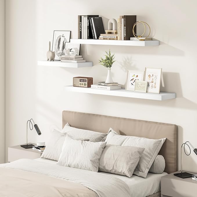 White Floating Shelves for Wall, 24 Inch X 12 Deep Shelves for Room Wall Mounted，2