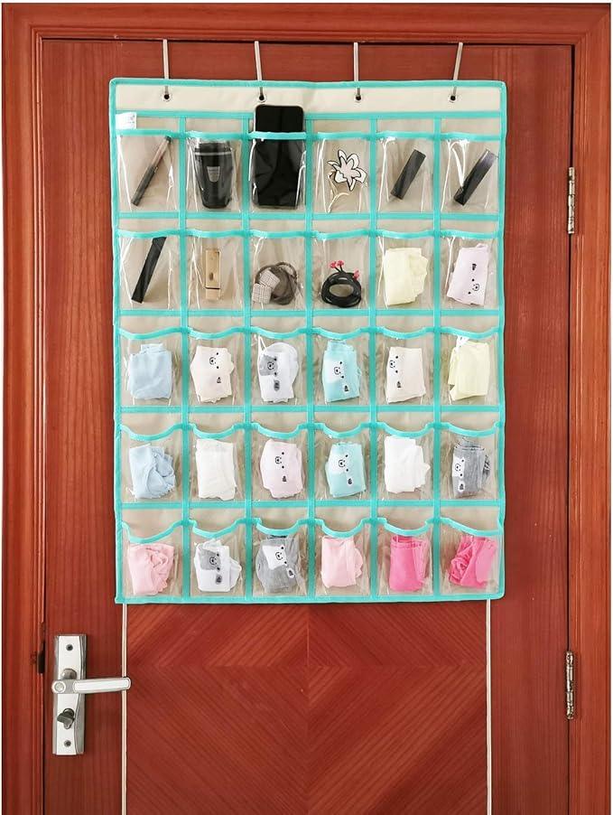 Classroom Pocket Chart for Phone Calculator Holder Over The Door Hanging Closet Jewelry Organizer with 30 Clear Pockets (BEIGE)