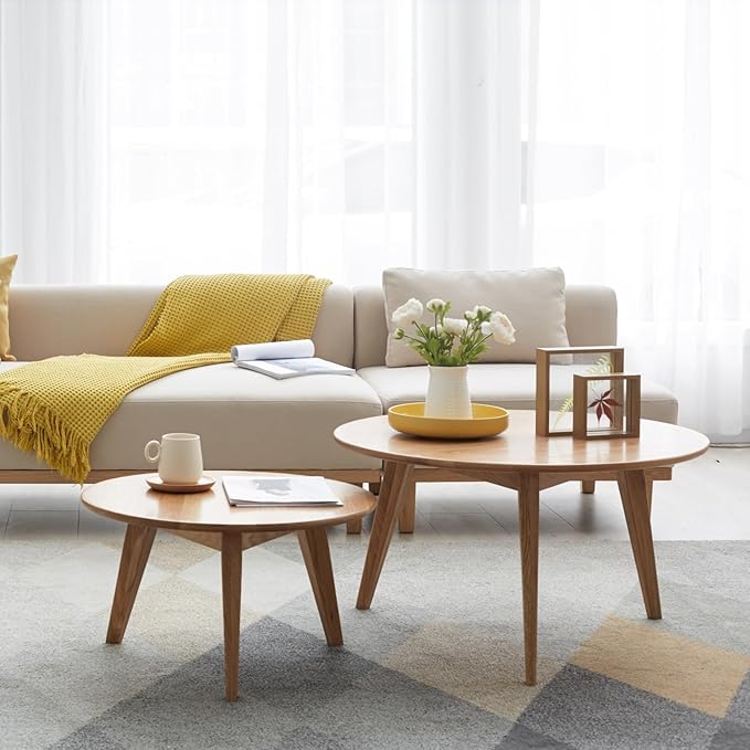 100% Solid Oak Wood Coffee Table Set, Round Coffee Table Combo Side Table w/Solid Wood Legs, Mid Century Table Sturdy Tables for Bedroom Balcony Living Room (Natural, Big-Medium Combo)