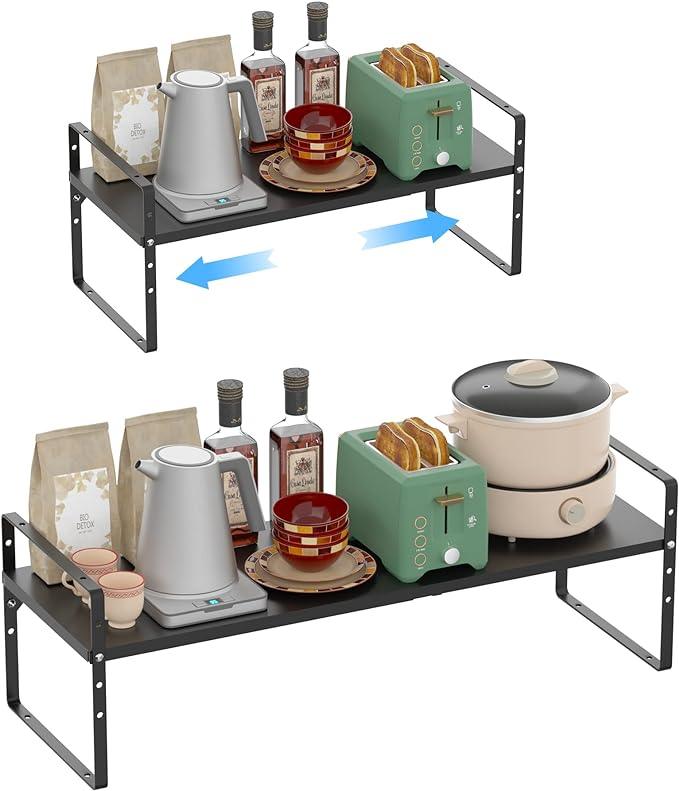 iPEGTOP Expandable Cabinet Storage Shelf Organizer Rack, Heavy Duty Cupboard Stand Spice Rack Adjustable Height Pantry Garage Shelf Space Riser for Counter Kitchen Organization, Black, 1 Pack