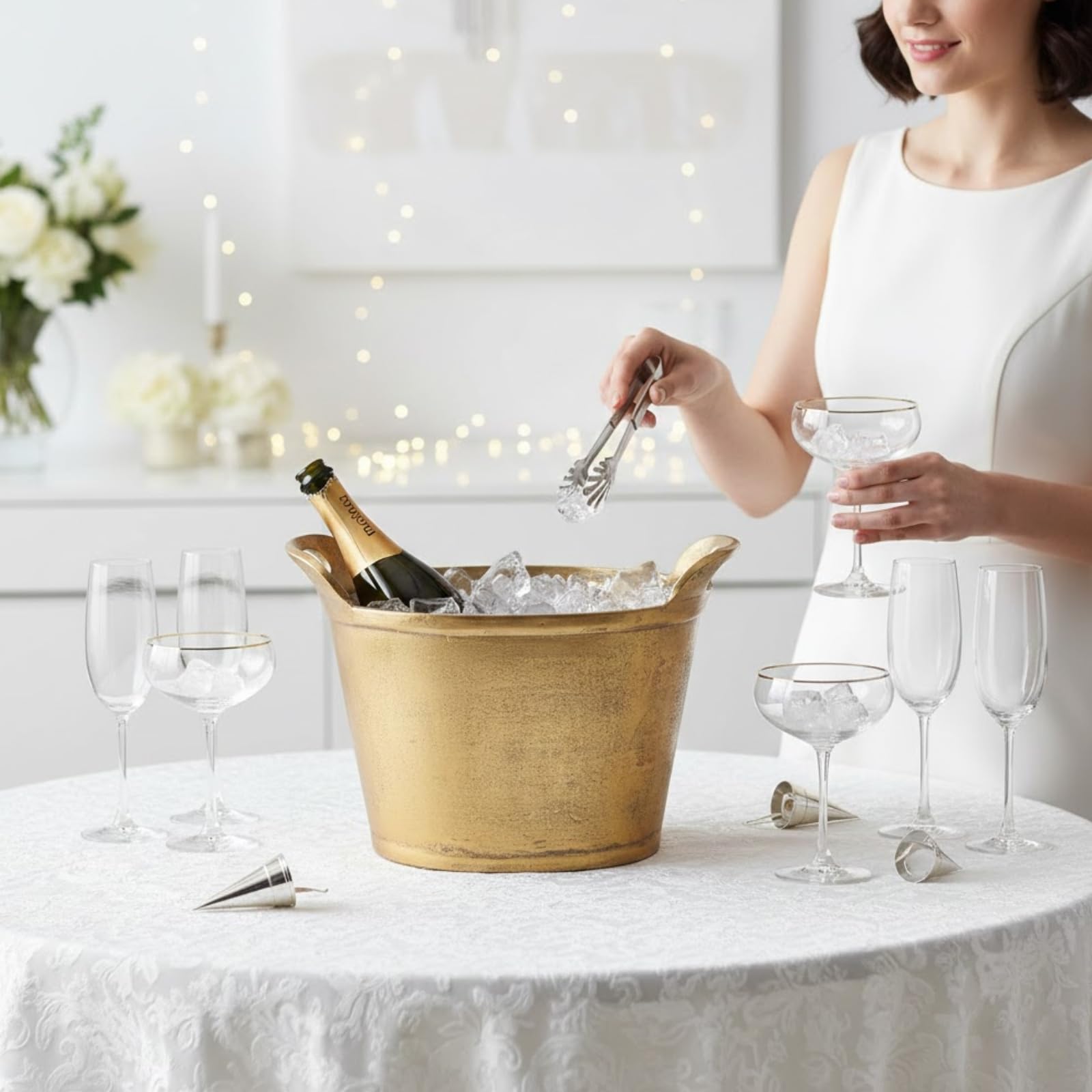 Solid Bronze Gold 12-Quart Double-Walled Insulated Ice Bucket & Champagne Cooler (13.4