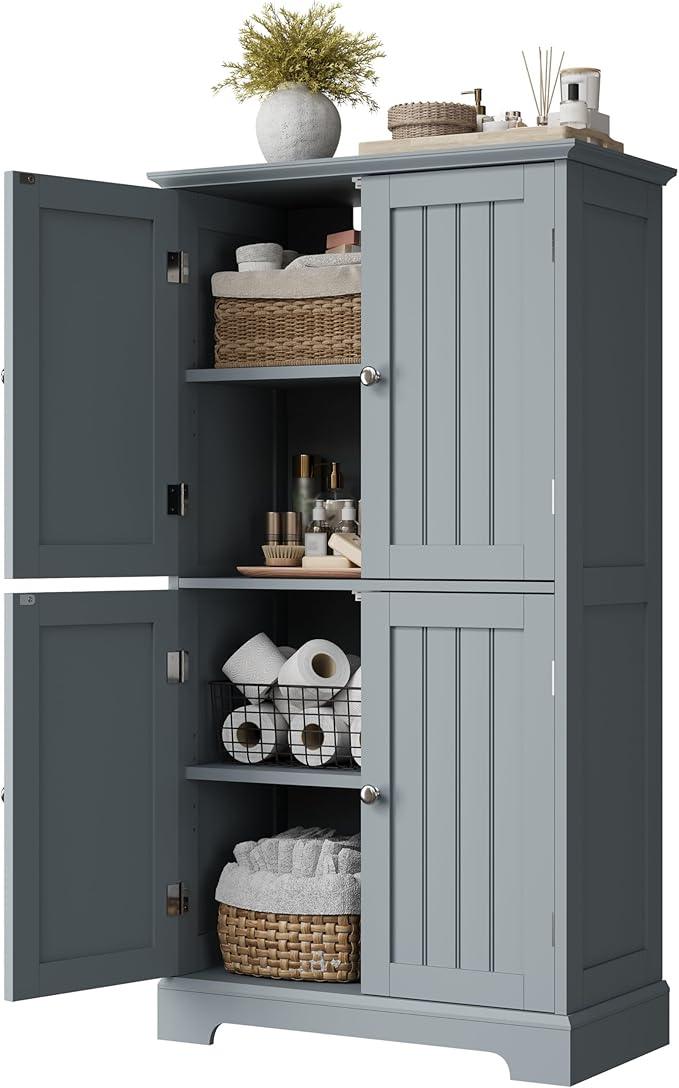 ChooChoo Bathroom Floor Cabinet, Modern Bathroom Storage Cabinet with 4 Doors and Adjustable Shelves, Freestanding Cupboard for Living Room, Grey