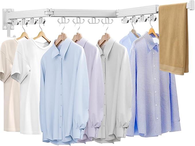Wall Mounted Clothes Drying Rack, Laundry Drying Rack Wall Mount, 3-Fold Drying Rack Clothing, Foldable Clothes Drying Rack with 12 Dual Hooks Organization for Laundry Room Indoor - White