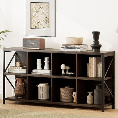 8 Cube Storage Organizer Bookshelf, Industrial Horizontal Bookcase, Accent Cubby Shelf, Media Console Table for Living Room, Home Office, 63 Inches, Brown Walnut