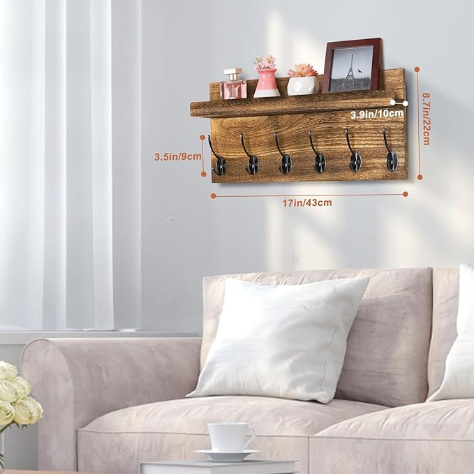 Shelf with Hooks, Coat Rack Wall Mount with 6 Double Metal Hooks, 17 Inch Farmhouse Wall Hooks with Shelf, for Entryway, Bathroom, Kitchen, Rustic Brown