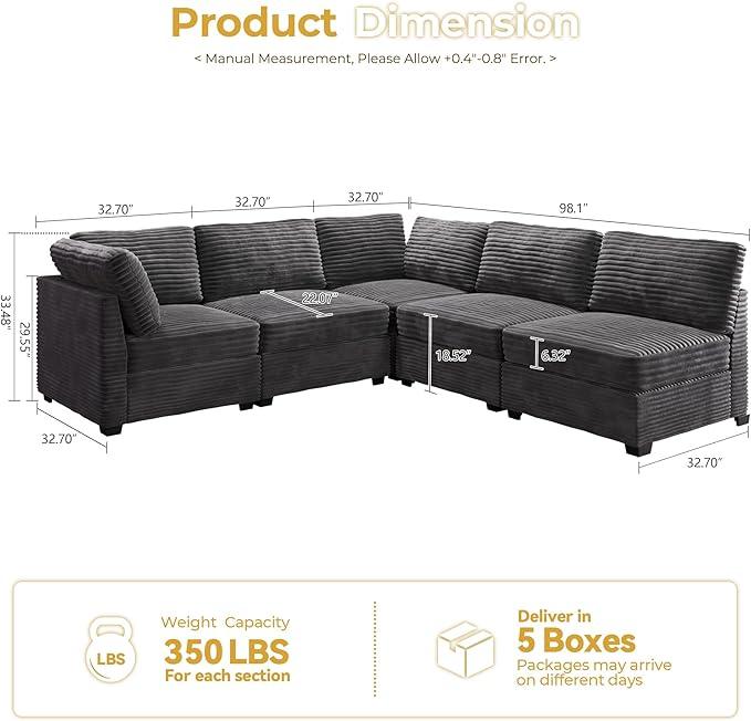 HOOOWOOO Modular Sectional Sofa,5 Pieces Sectional Couches for Living Room,98X98 L Shaped Cloud Couch Set(Grey Velvet Corduroy)