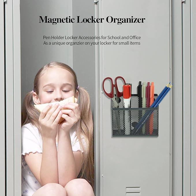 Neudeco Locker Accessories and Decor Kit, Including Mesh Shelf, Organizer, Magnetic Basket and Pen Holder, Suitable for School, Work, Kitchen, Bathroom, (Pack of 4, Grey)