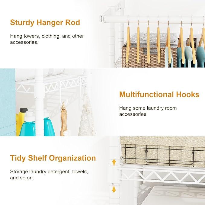 U14 Over Washer and Dryer Storage Shelves, 4 Tiers Laundry Room Storage and Organizer System, Space Saving Clothes Drying Rack with 2 Clothes Hanger Rods, 66.5