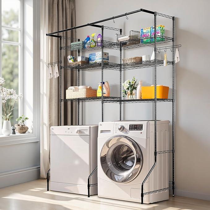 VEVOR Over The Washer and Dryer Storage Shelf, 6 Tier Laundry Room Drying Rack with Hanger Rod and Hooks, Adjustable Over Washer and Dryer Shelves, Laundry Room Shelf Storage Space Saver, Black