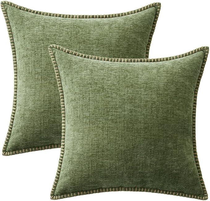 MIULEE Pack of 2 Couch Throw Pillow Covers 24x24 Inch Sage Green Farmhouse Decorative Pillow Covers with Stitched Edge Soft Chenille Solid Dyed Spring Pillow Covers for Sofa Bed Living Room