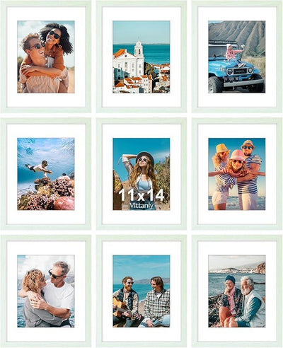 Vittanly 11x14 Picture Frames Set of 9, Shatter Resistant Plexiglass, Display 8x10 Pictures with Mat or 11x14 without Mat, Photo Frames for Wall or Tabletop, Engineered Wood, Vintage Green