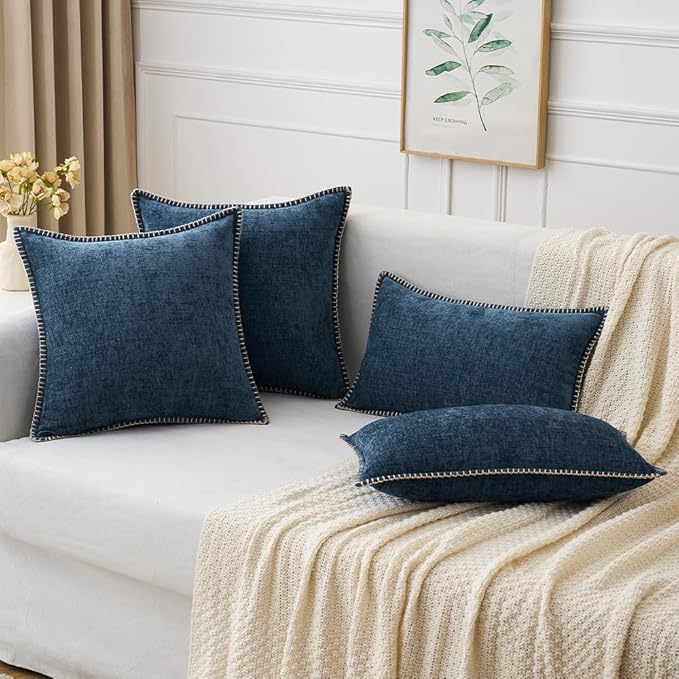 MIULEE Pack of 2 Couch Throw Pillow Covers 16x16 Inch Navy Blue Farmhouse Decorative Pillow Covers with Stitched Edge Soft Chenille Solid Dyed Spring Pillow Covers for Sofa Bed Living Room