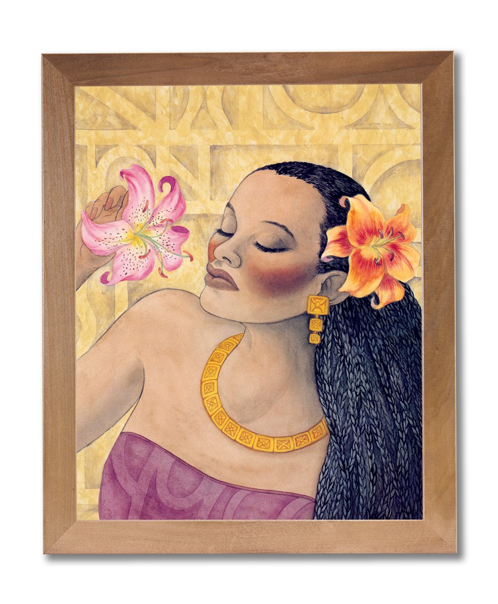 Framed Wall Art - African American Black Girl Floral Print | Honey Wood Frame