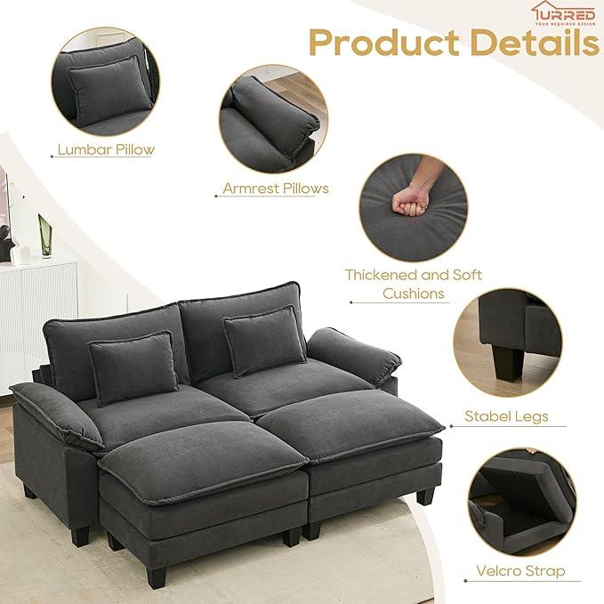 URRED Modular Sectional Sofa Comfy Cloud Couch, Modern Velvet Sofa Sleeper Deep Seat Couches with Ottoman/Pillows for Living Room (Dark Gray, 82.6''- 2 Ottomans)
