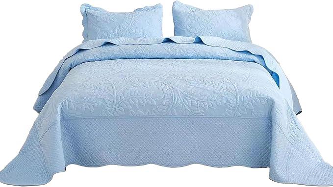 MarCielo 3-Piece 100% Cotton Oversized Bedspread Lightweight Quilt Coverlet Embroidery Farmhouse Bedding Set T0 (Light Blue, Oversized King (118